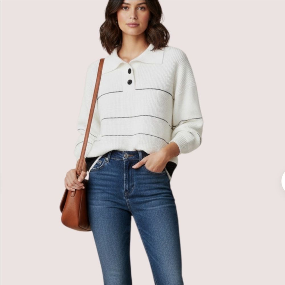 Commense Women's Striped Knit Sweater Button Up Collar White Black